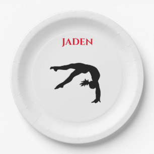Gymnastics paper plates with personalized name.