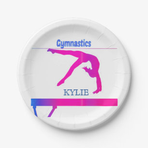 Gymnastics paper plates with personalized name.