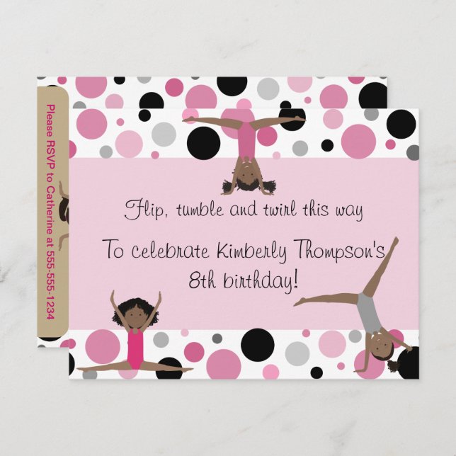 Gymnastics Party Invitation Pink, Grey & Black (Front/Back)