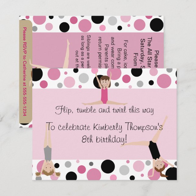 Gymnastics Party Invitation Pink, Grey & Black (Front/Back)