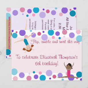 Gymnastics Party Invitation Purple, Teal and Pinks