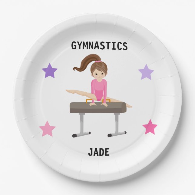  GYMNASTICS PARTY PLATES FOR GIRLS PERSONALIZED. (Front)