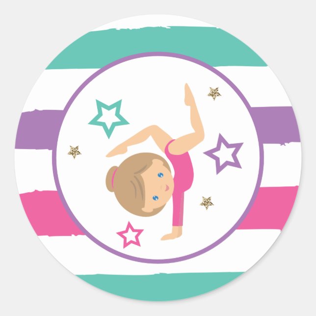 Gymnastics Pink Purple Turquoise Girl Birthday Cla Classic Round Sticker (Front)