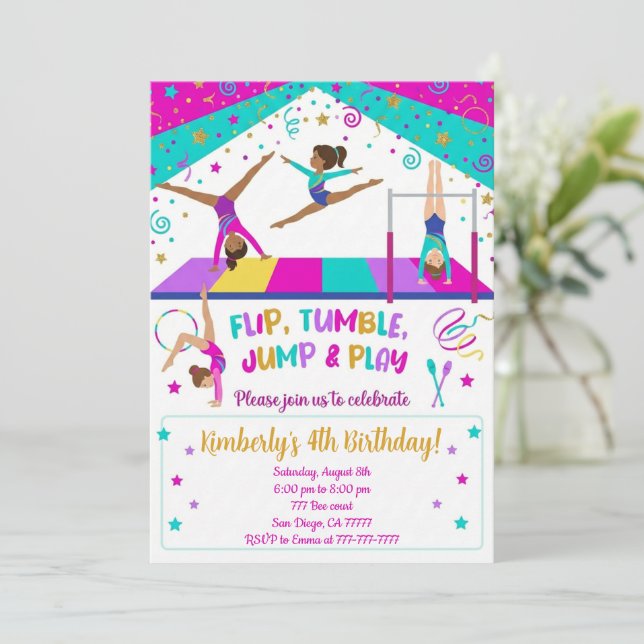 Gymnastics Pink Purple Turquoise Girl Birthday  Invitation (Standing Front)