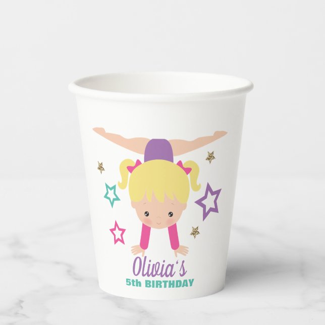 Gymnastics Pink Purple Turquoise Girl Birthday Pap Paper Cups (Front)