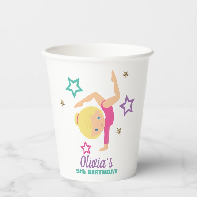 Gymnastics Pink Purple Turquoise Girl Birthday Pap Paper Cups (Front)
