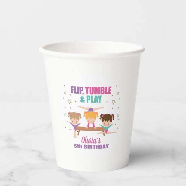Gymnastics Pink Purple Turquoise Girl Birthday Pap Paper Cups (Front)