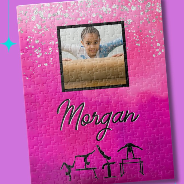 Gymnastics Pink, Silver, Glitter Custom Photo/Name Jigsaw Puzzle (Custom made gymnastics puzzle with the name and photo of your gymnast)