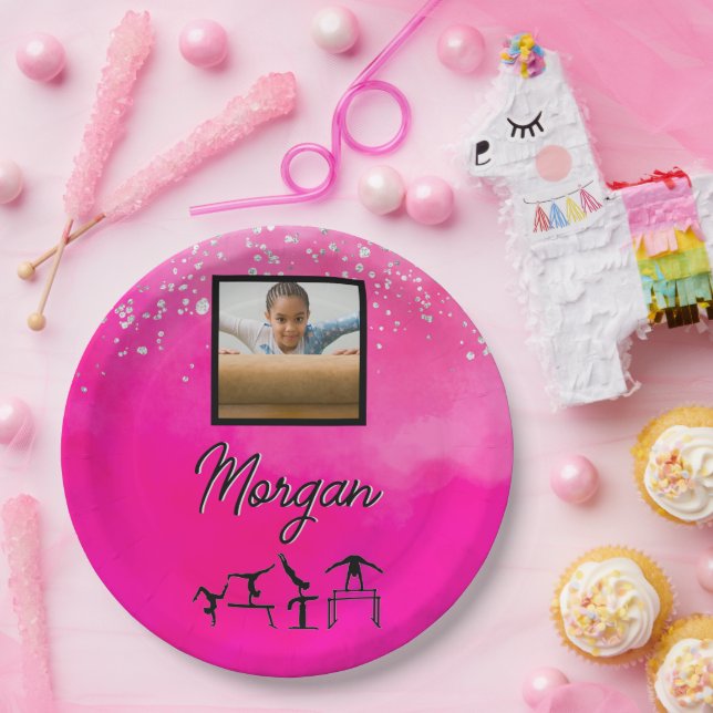 Gymnastics Pink, Silver, Glitter Custom Photo/Name Paper Plate (Party)