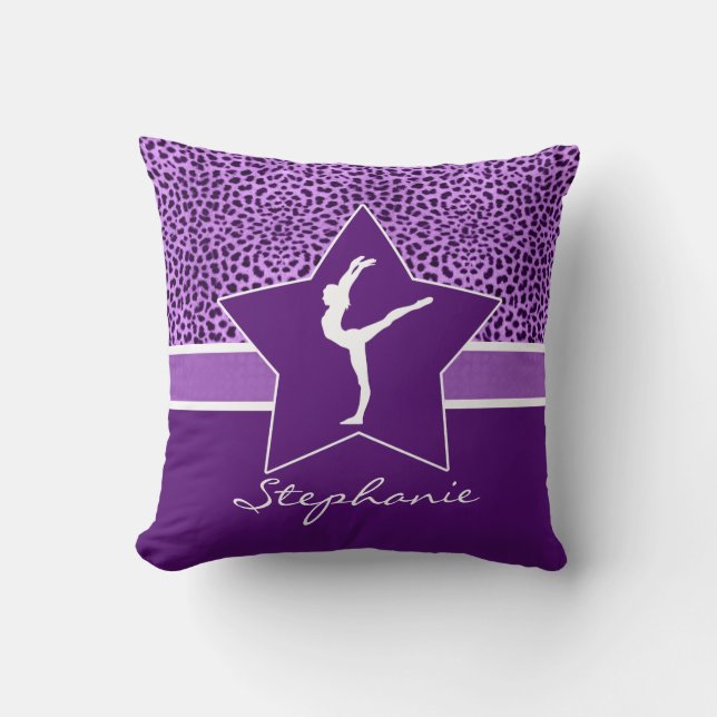 Gymnastics Purple Cheetah Print with Monogram Throw Pillow (Front)