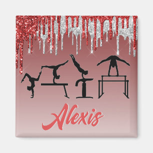 Gymnastics Red and Silver Glitter Drip Ombre    Magnet
