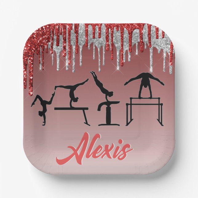 Gymnastics Red and Silver Glitter Drip Ombre  Paper Plate (Front)
