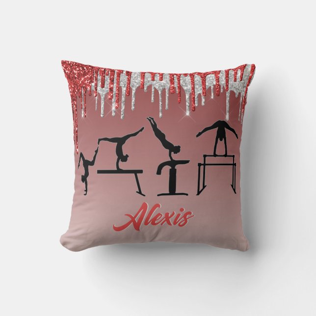 Gymnastics Red and Silver Glitter Drip Ombre   Throw Pillow (Front)