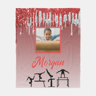 Gymnastics Red & Silver Glitter Drip Custom Photo  Fleece Blanket