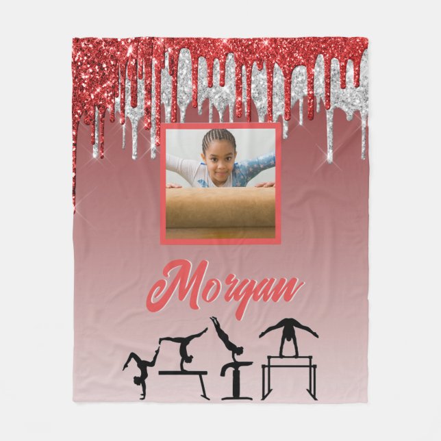 Gymnastics Red & Silver Glitter Drip Custom Photo  Fleece Blanket (Front)