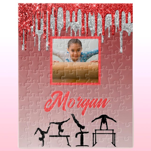 Gymnastics Red & Silver Glitter Drip Custom Photo  Jigsaw Puzzle (Creator Uploaded)