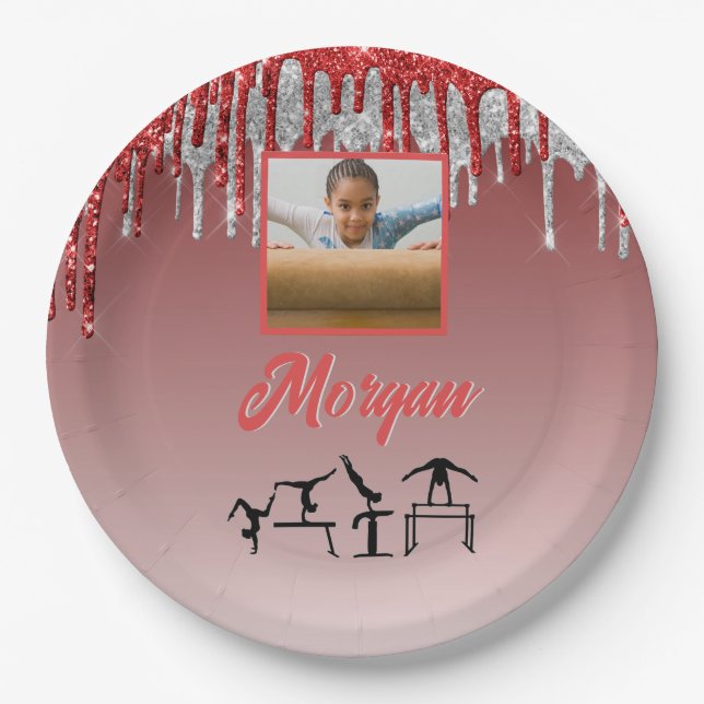 Gymnastics Red & Silver Glitter Drip Custom Photo  Paper Plate (Front)