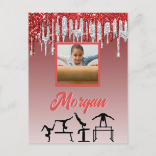 Gymnastics Red & Silver Glitter Drip Custom Photo  Postcard