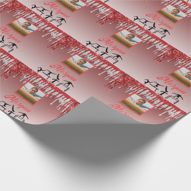 Gymnastics Red & Silver Glitter Drip Custom Photo  Wrapping Paper (Corner)