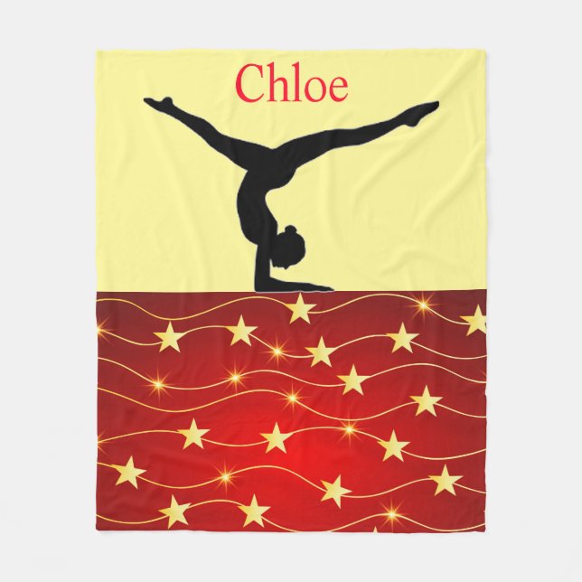 Gymnastics Red, Yellow / Gold Stars Fleece Blanket (Front)