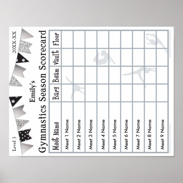 Gymnastics Season Scorecard Poster 9 SilverGlitter (Front)