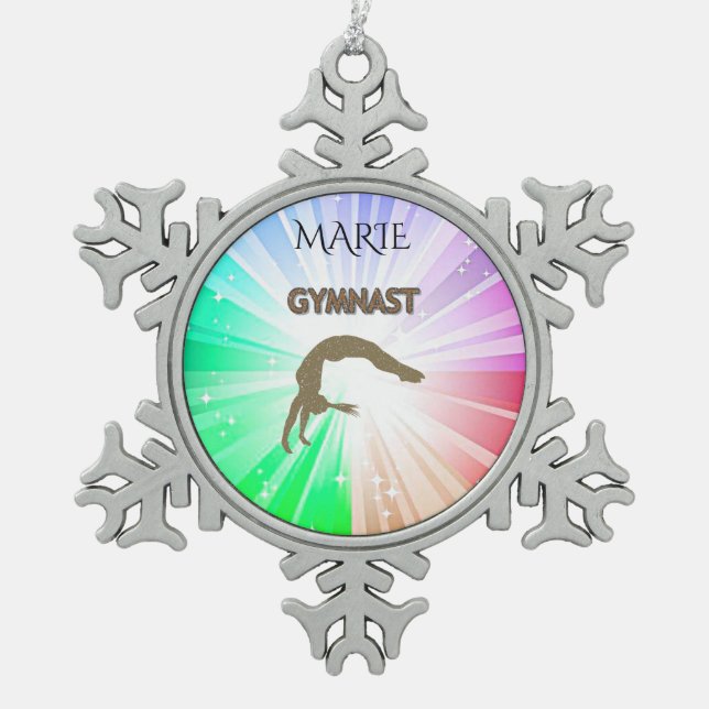 GYMNASTICS SNOWFLAKE TREE ORNAMENT. SNOWFLAKE PEWTER CHRISTMAS ORNAMENT (Front)
