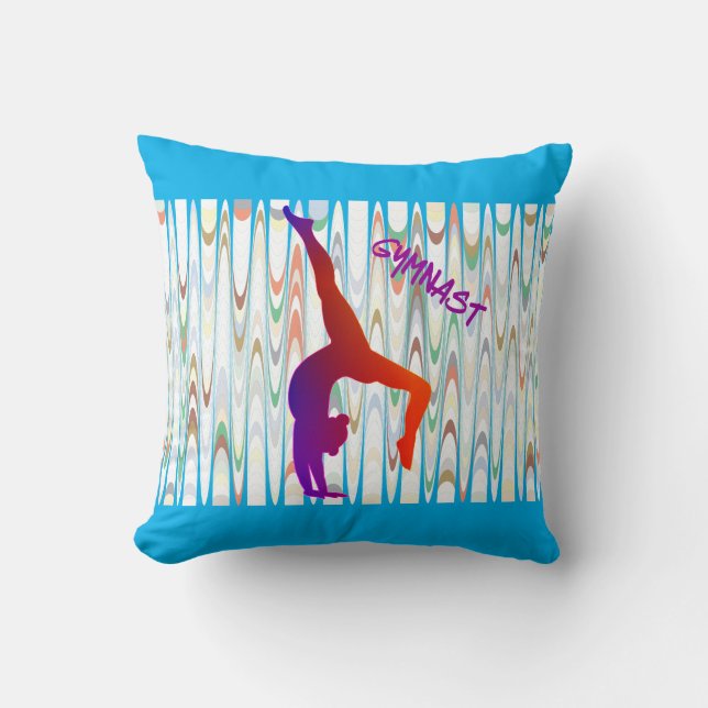 Gymnastics throw pillow with gymnast. (Front)