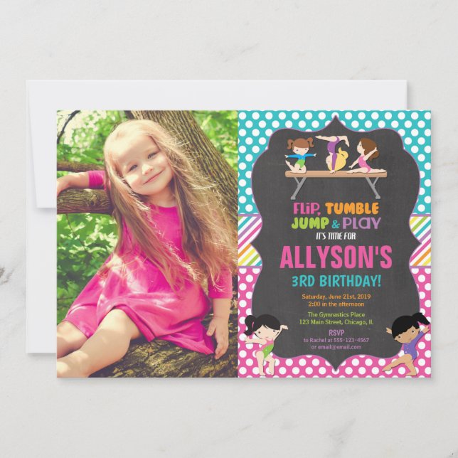 Gymnastics tumbling party birthday party photo invitation (Front)