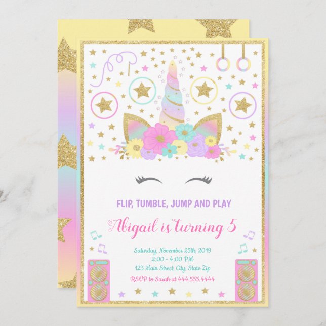 Gymnastics Unicorn Invitation, Unicorn Invitation (Front/Back)