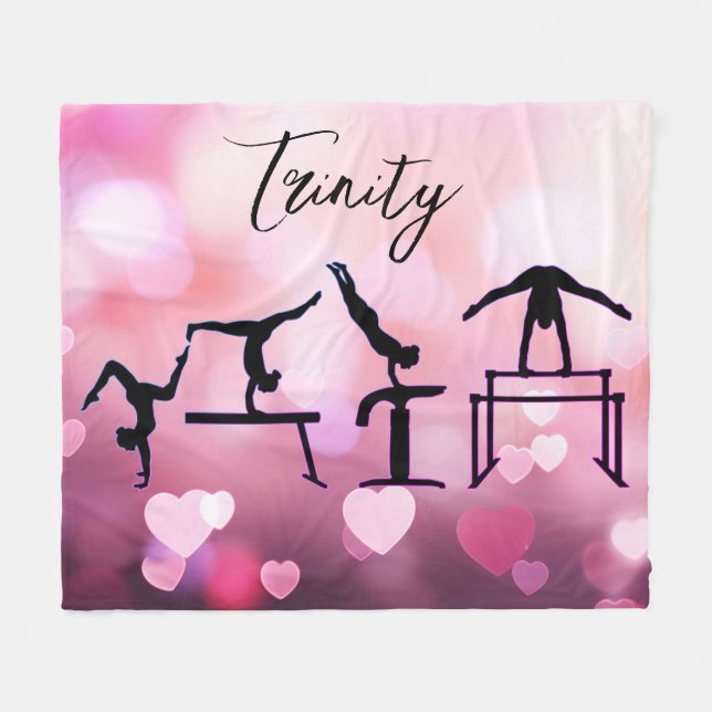 Gymnastics Valentine Pink Hearts Personalized Fleece Blanket (Front (Horizontal))