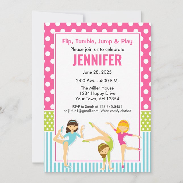 Gymnastique Anniversaire Invitation filles fête (Devant)