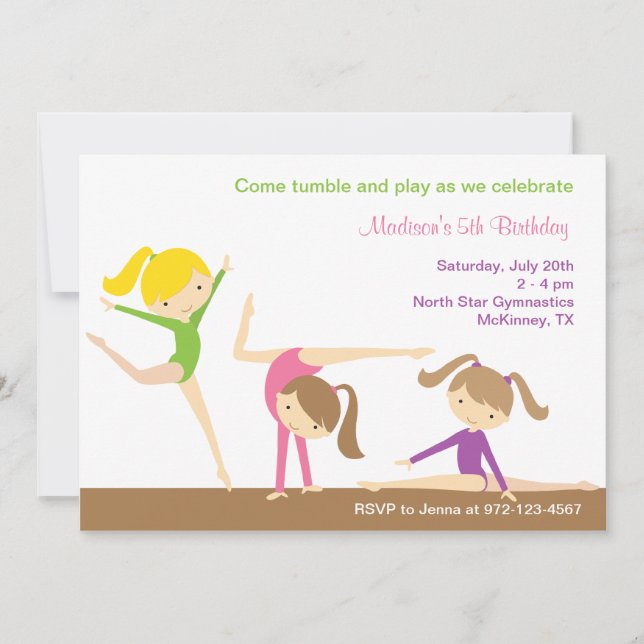 Gymnastique Filles Anniversaire Fête Invitation (Devant)
