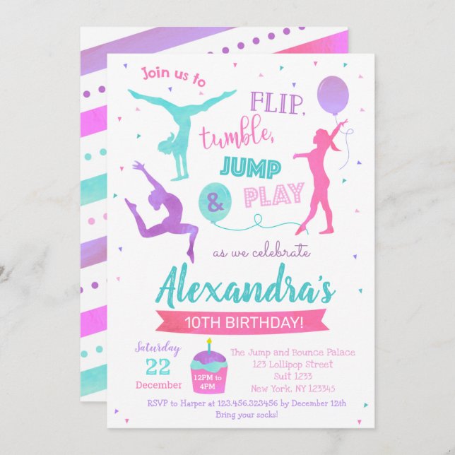 Gymnastique Invitation de fête d'anniversaire pour (Devant / Derrière)