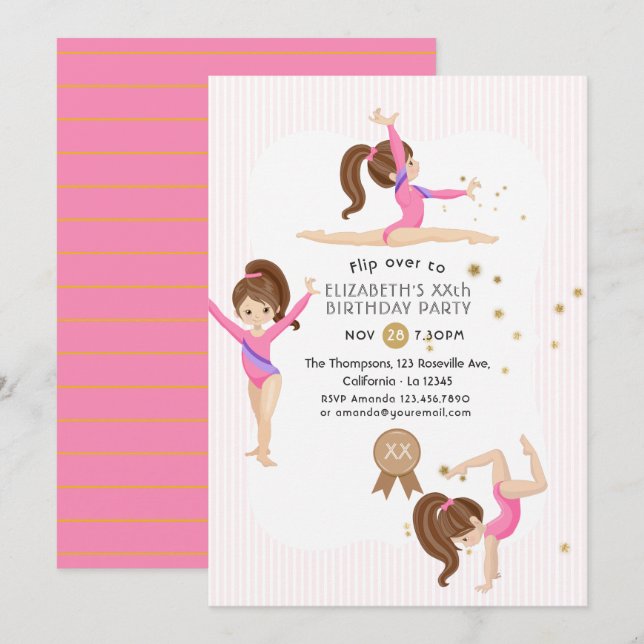 Gymnastique rose et or Invitation de fête d'annive (Devant / Derrière)