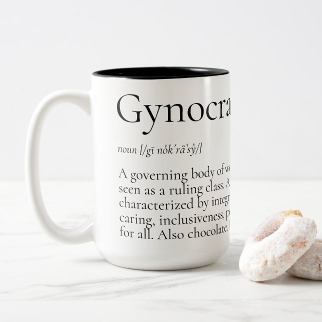 Gynocracy Definition & Feminist Fist Funny Two-Tone Coffee Mug (With Donut)