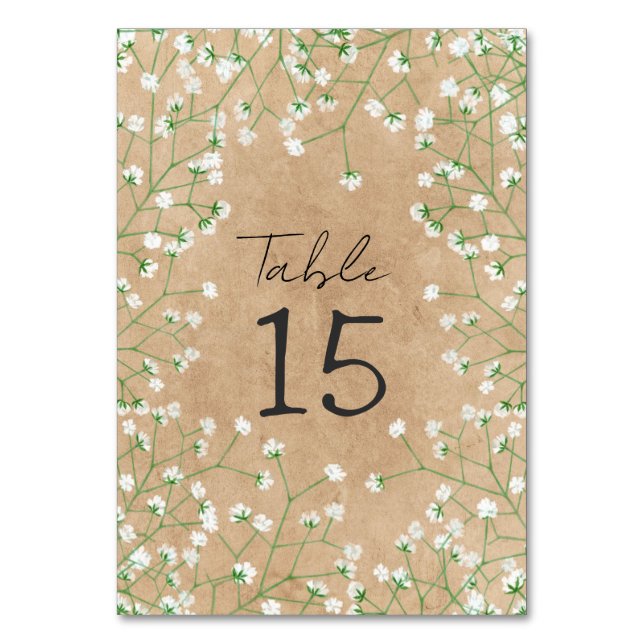Gypsophila Watercolor Floral Rustic & Boho Wedding Table Number (Front)