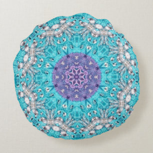 Gypsy Ethnic Embroidery  turquoise blue bohemian Round Pillow