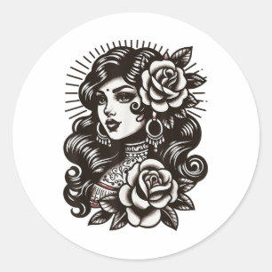 Gypsy Lady Vintage Tattoo Style _1 Classic Round Sticker