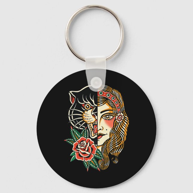 Gypsy Panther American Traditional Tattoo Ink Old  Keychain (Front)