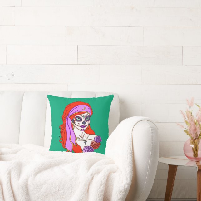 Gypsy Sugar Skull Throw Pillow (Couch)