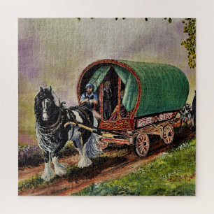Gypsy Vanner Horse Irish Caravan Wagon Tapestry Jigsaw Puzzle