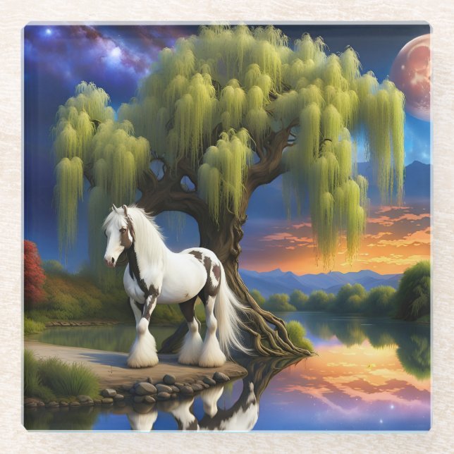 Gypsy Vanner Horse -Willow tree N Full Moon  Glass Coaster (Front)