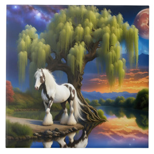 Gypsy Vanner Horse -Willow tree N Full Moon  Tile