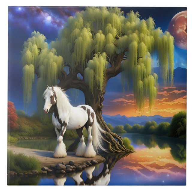 Gypsy Vanner Horse -Willow tree N Full Moon  Tile (Front)