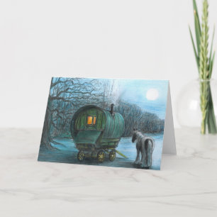 Gypsy wagon and horse by moonlight card
