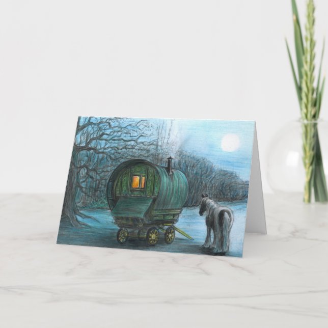 Gypsy wagon and horse by moonlight card (Front)