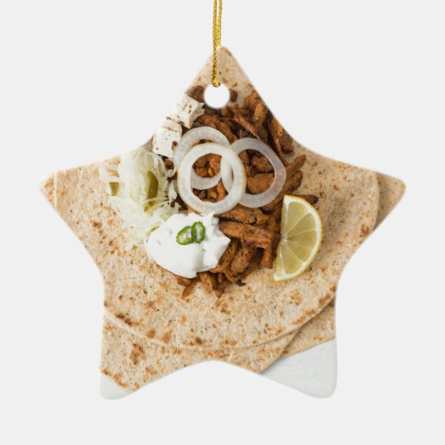 Gyros pita with tzatziki coleslaw olives and feta ceramic ornament (Front)