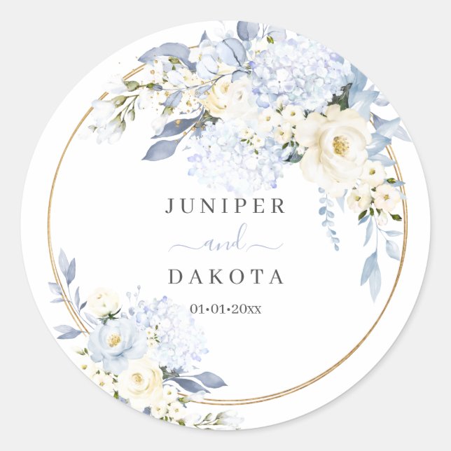 H2 Blue Hydrangea Cream Roses Wedding Favours Classic Round Sticker (Front)