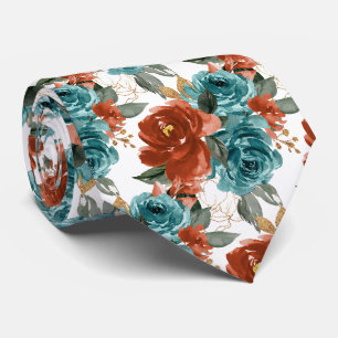 H2 Flowers Teal Green Rust Orange Roses Tie