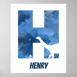 "H" Dinosaure Aquarelle Bleu Poster du nom de l'en